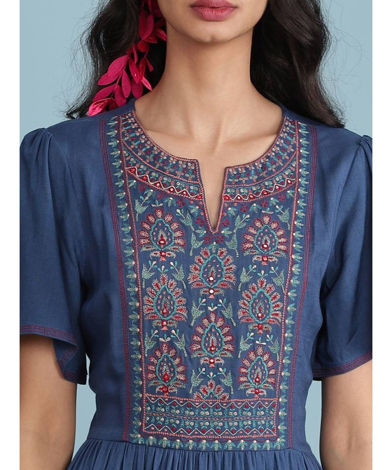 Embroidered Yoke Round_Neck Short Sleeve Long Dress With Gathers At Waist