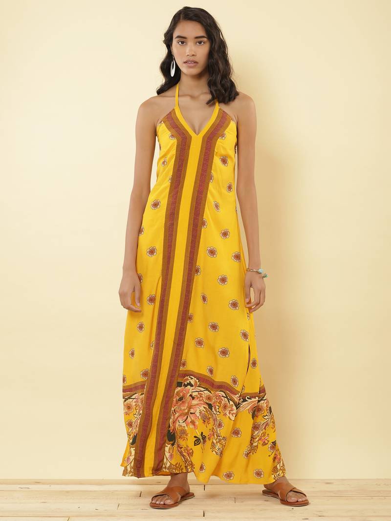 Mustard Yellow Floral Print Maxi Dress - RITU KUMAR - 3526235