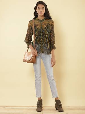 Mandrain Collar 3/4 Sleeeves Printed Shirt 1