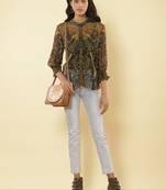 Mandrain Collar 3/4 Sleeeves Printed Shirt