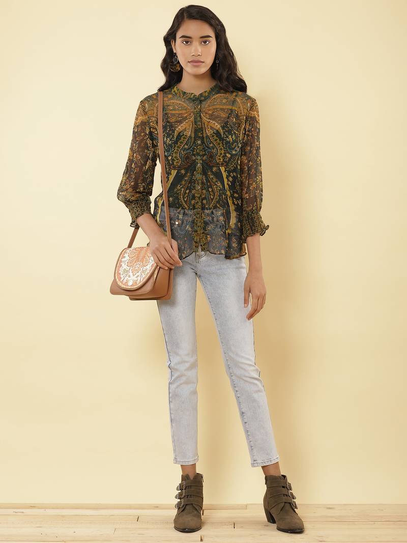 Mandrain Collar 3/4 Sleeeves Printed Shirt