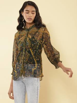 Mandrain Collar 3/4 Sleeeves Printed Shirt 3