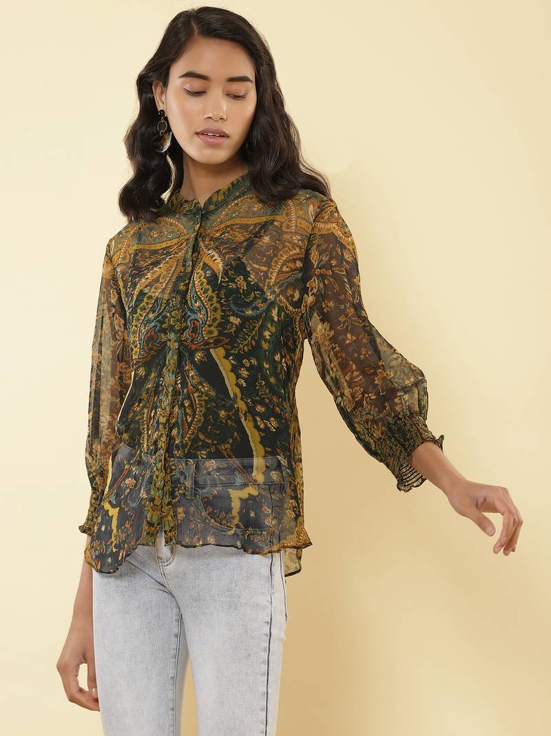 Mandrain Collar 3/4 Sleeeves Printed Shirt