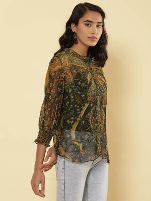 Mandrain Collar 3/4 Sleeeves Printed Shirt 4