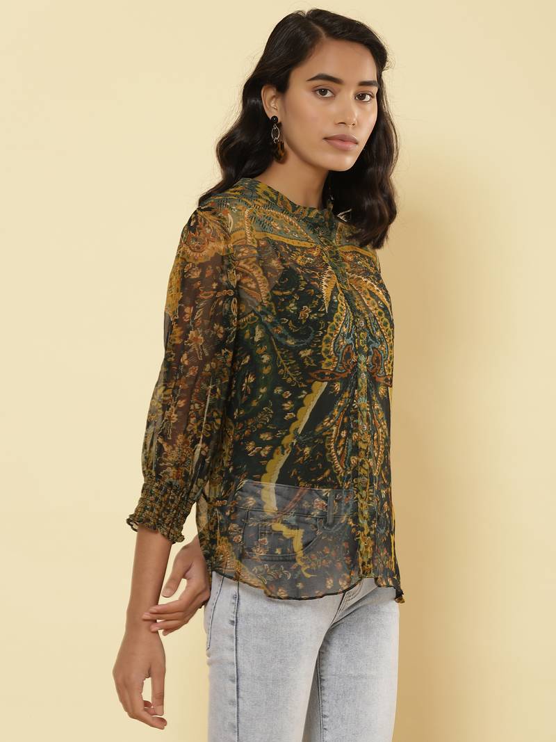 Mandrain Collar 3/4 Sleeeves Printed Shirt