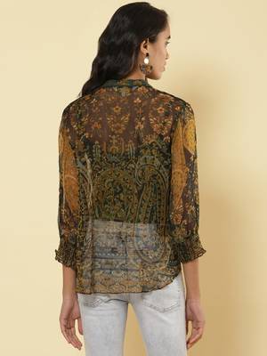 Mandrain Collar 3/4 Sleeeves Printed Shirt 5