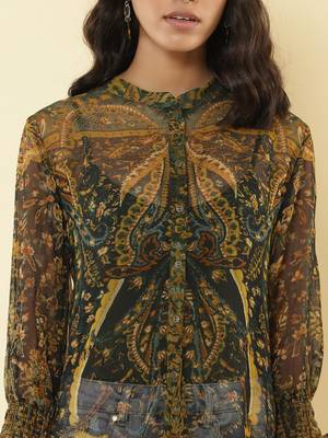 Mandrain Collar 3/4 Sleeeves Printed Shirt 6