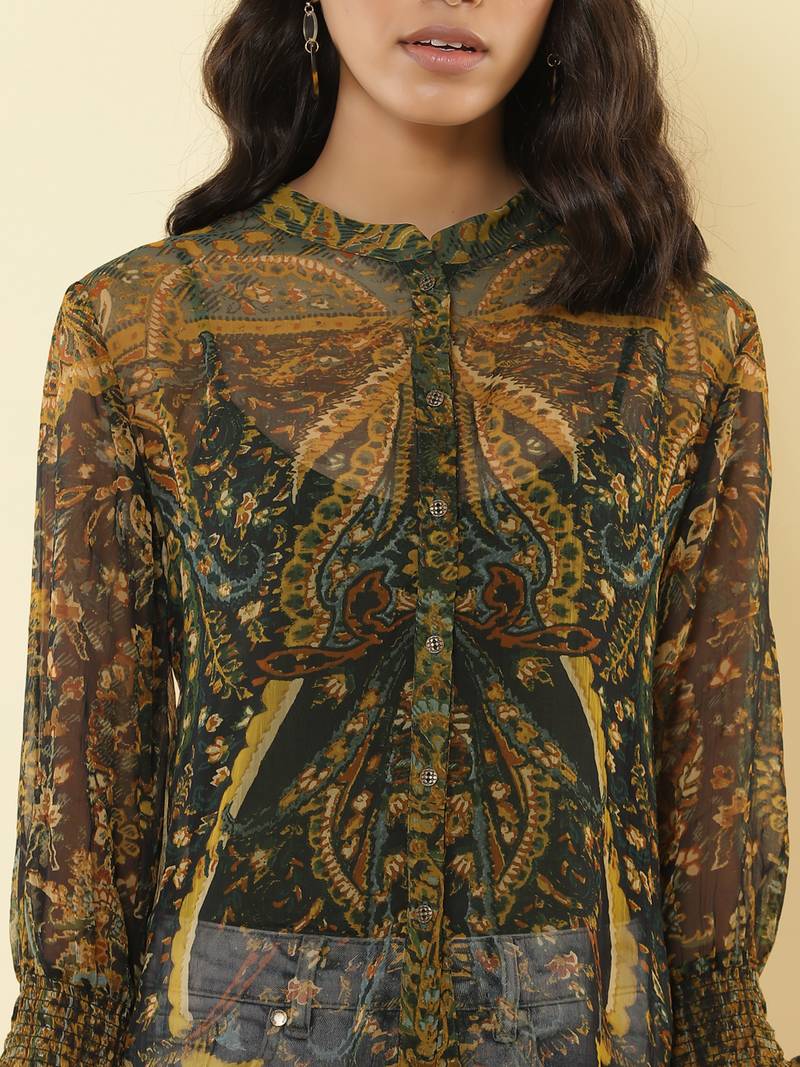 Mandrain Collar 3/4 Sleeeves Printed Shirt
