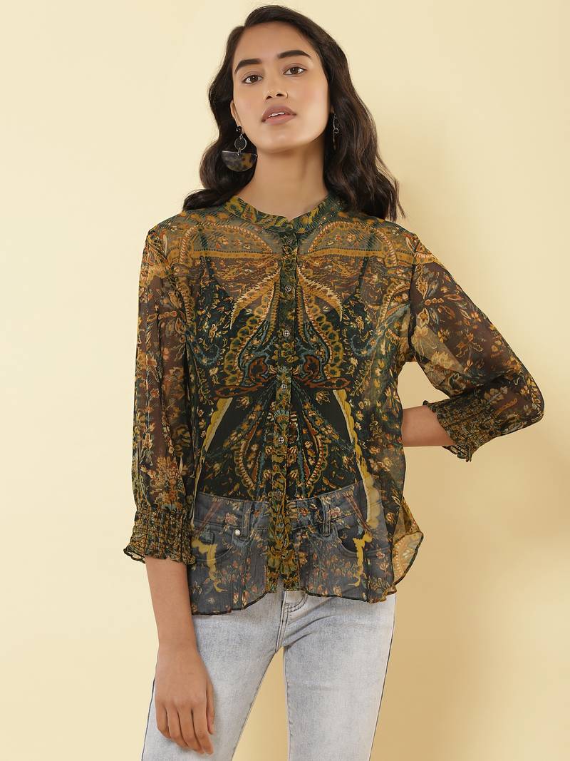 Mandrain Collar 3/4 Sleeeves Printed Shirt