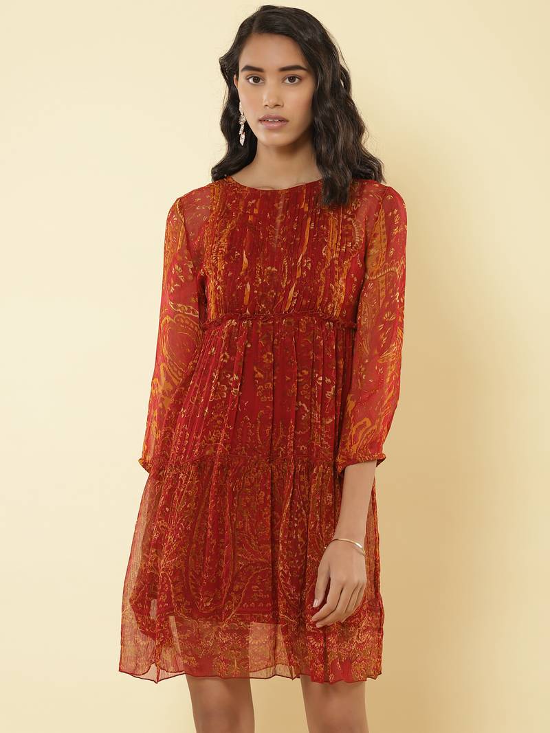 Round Neck Full Sleeves Printed Short Dress