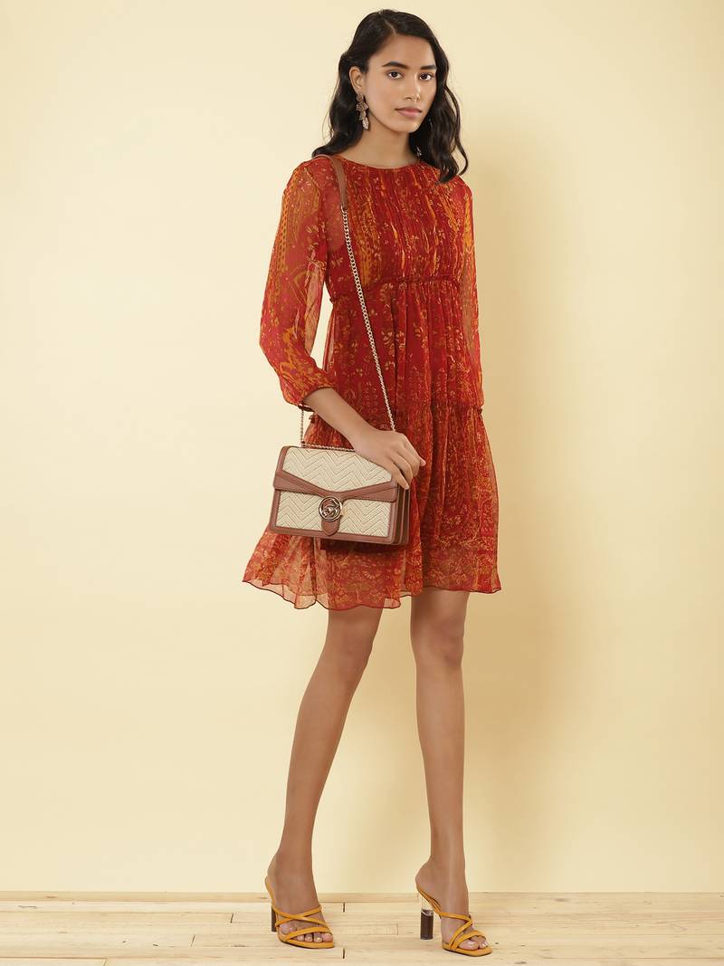 Round Neck Full Sleeves Printed Short Dress