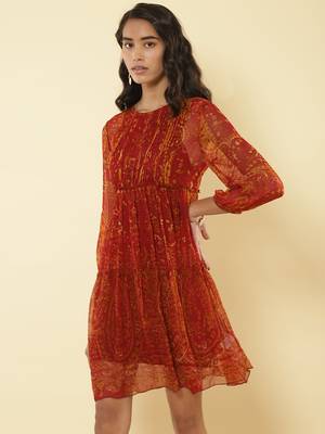 Round Neck Full Sleeves Printed Short Dress 1