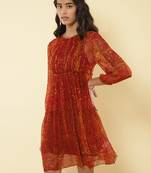 Round Neck Full Sleeves Printed Short Dress