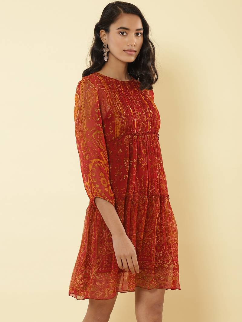 Round Neck Full Sleeves Printed Short Dress