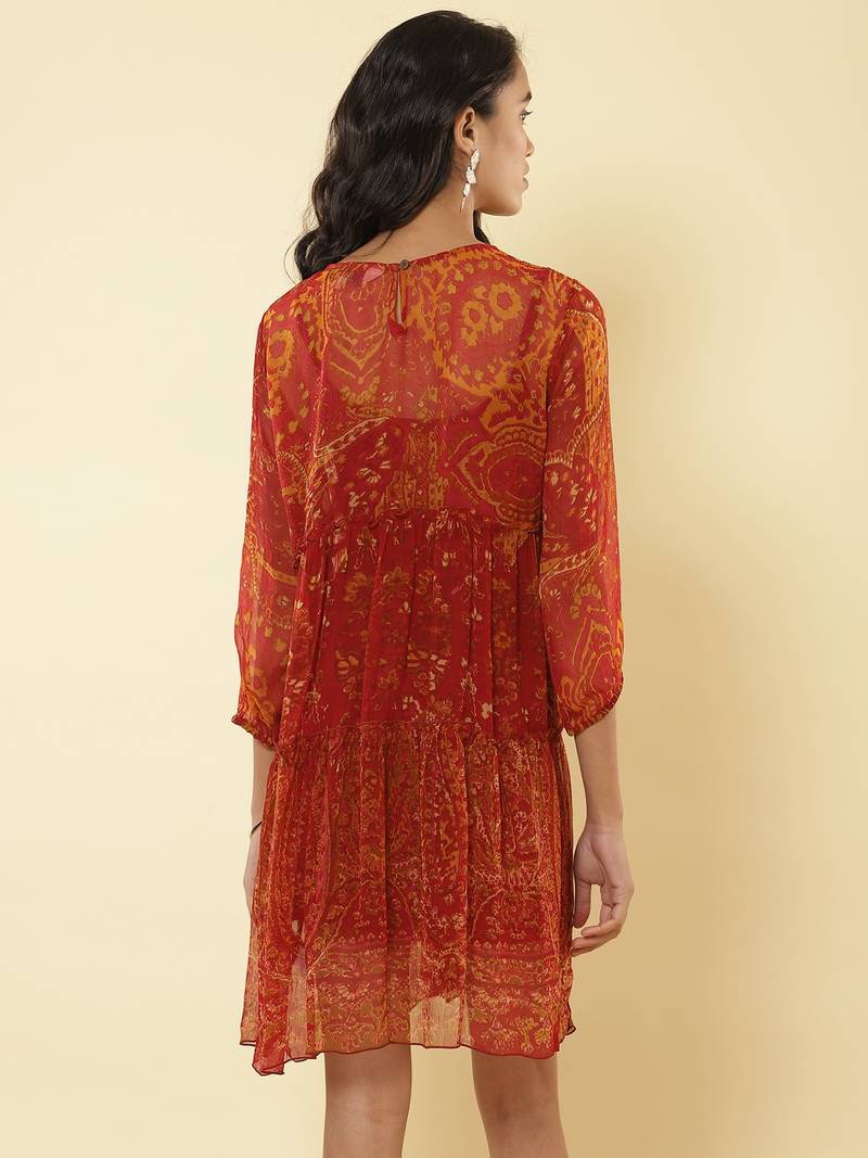 Round Neck Full Sleeves Printed Short Dress