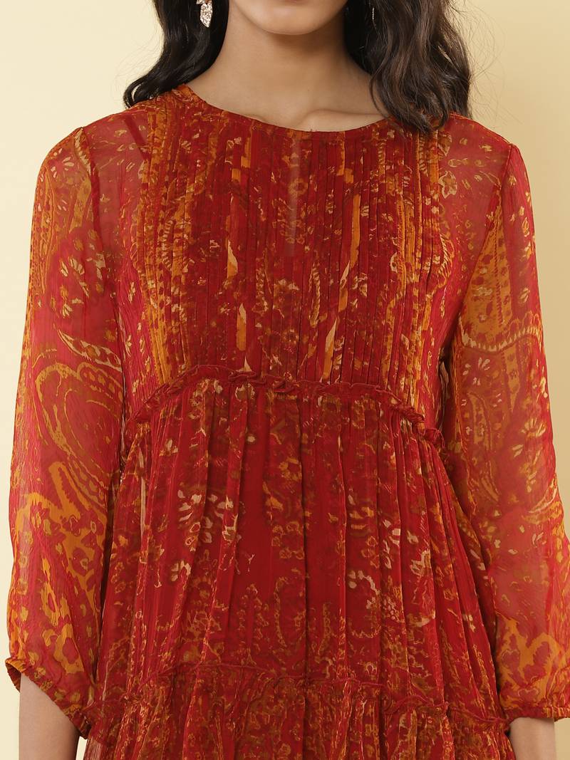 Round Neck Full Sleeves Printed Short Dress