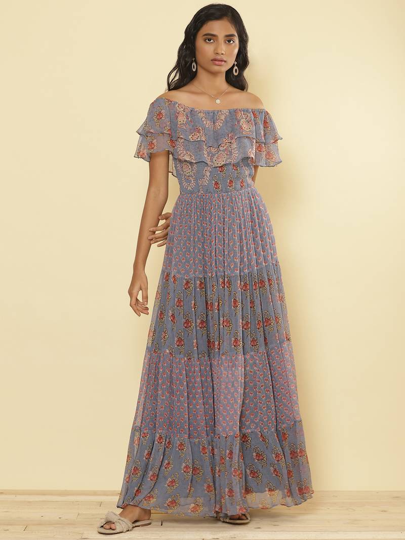 Light Purple Floral Off Shoulder Maxi Dress