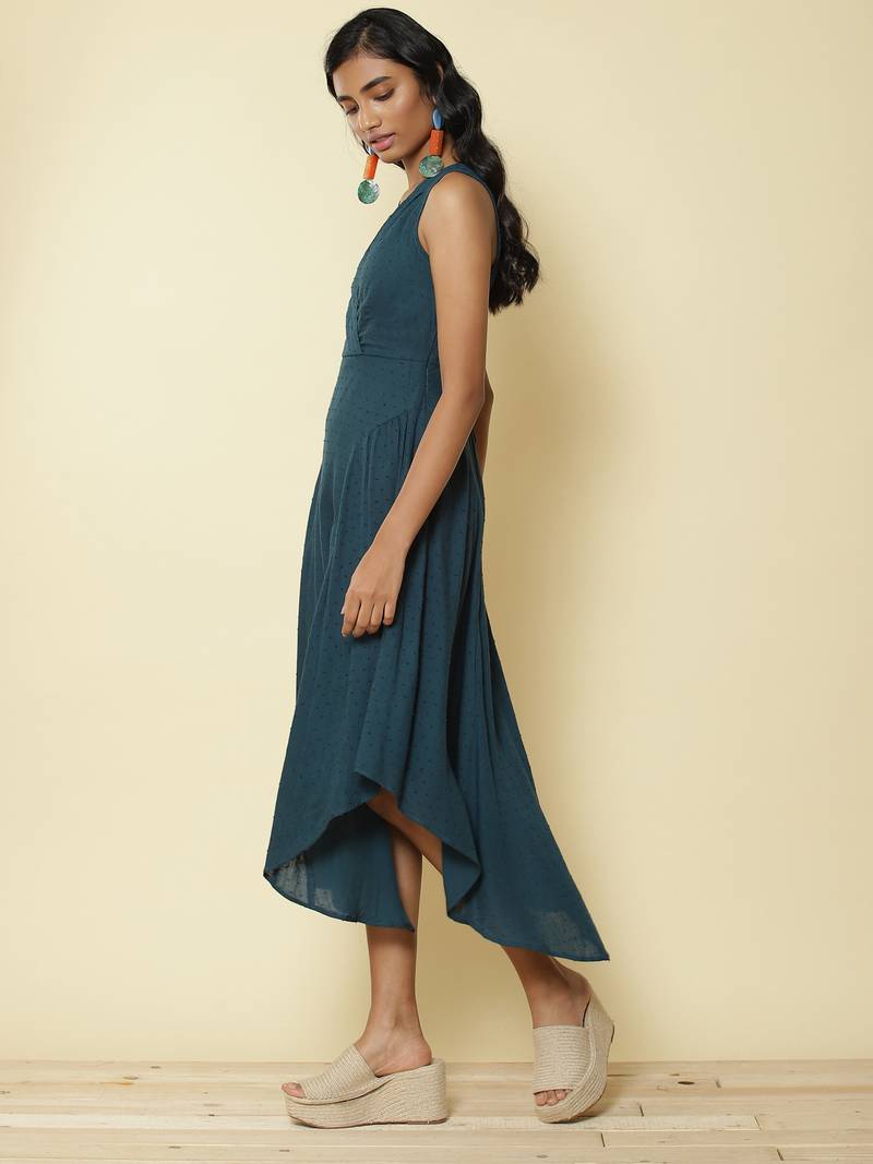 V Neck Sleevesless Solid Midi Dress
