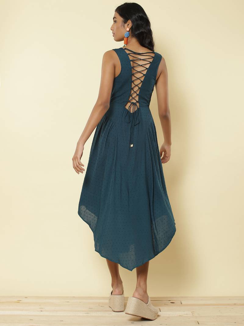 V Neck Sleevesless Solid Midi Dress