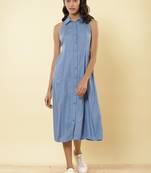 Collar Neck Sleeveless Solid Long Shirt Dress