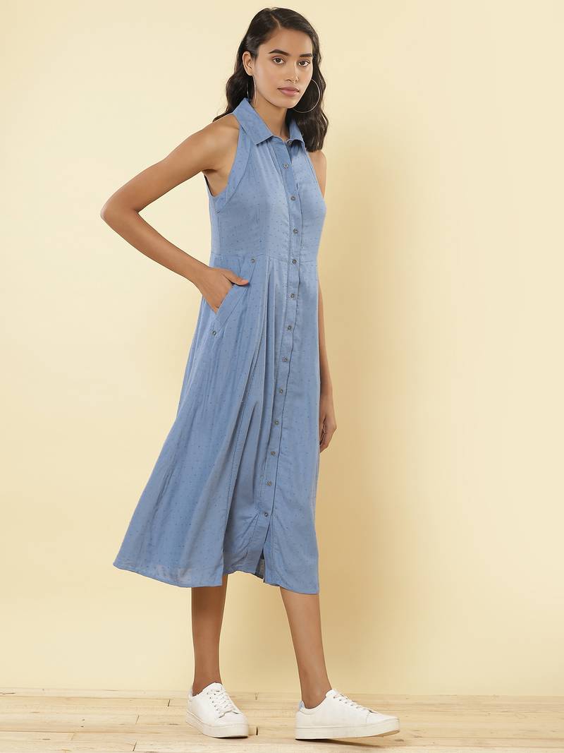 Collar Neck Sleeveless Solid Long Shirt Dress