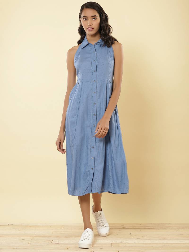 Collar Neck Sleeveless Solid Long Shirt Dress