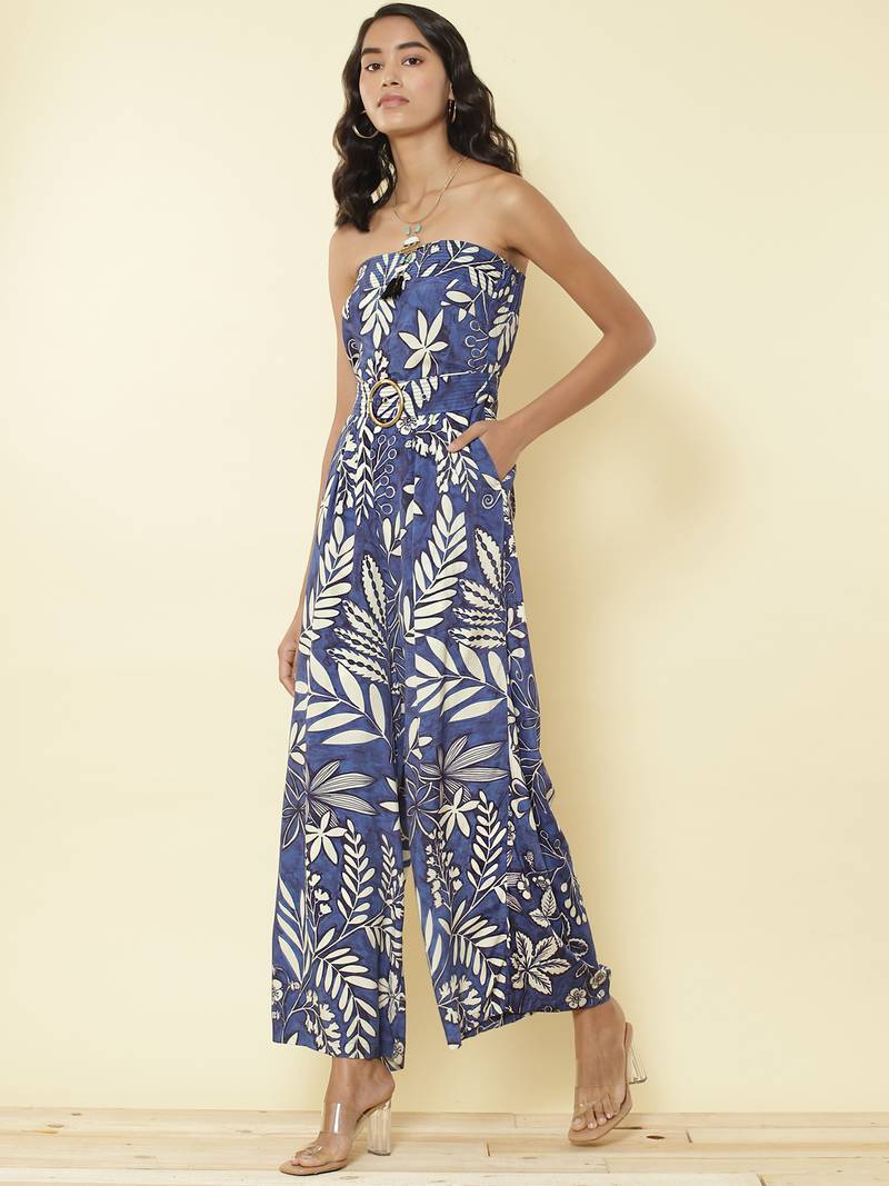 Blue Floral Off Shoulder Jumpsuit