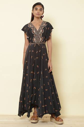 V Neckruffled Sleeves Printed Long Dress