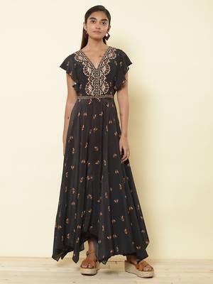 V Neckruffled Sleeves Printed Long Dress 1