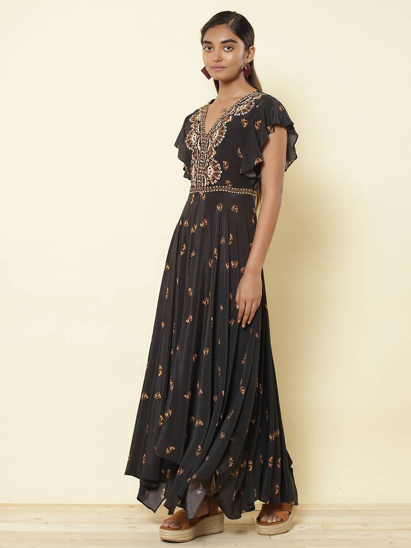 V Neckruffled Sleeves Printed Long Dress