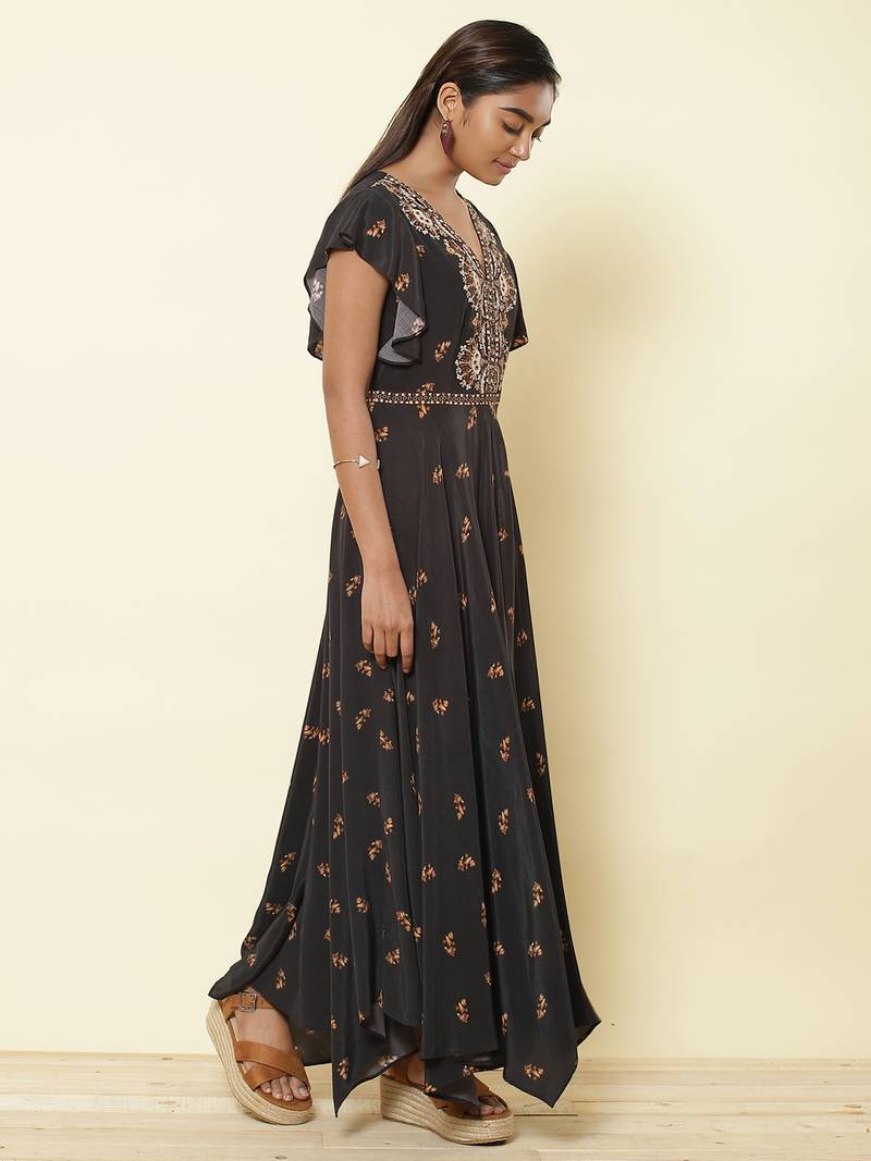 V Neckruffled Sleeves Printed Long Dress