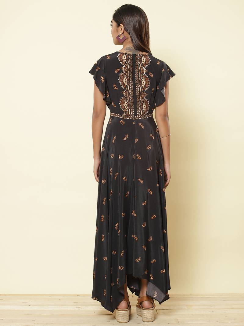 V Neckruffled Sleeves Printed Long Dress