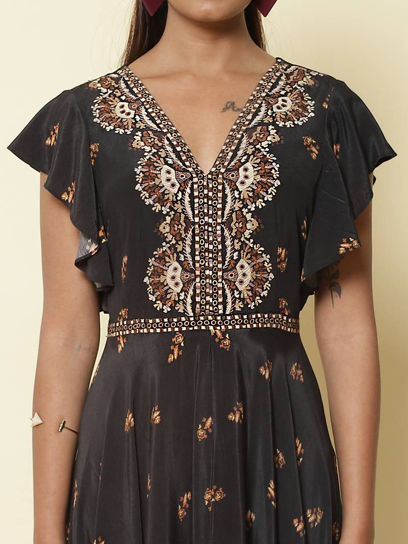 V Neckruffled Sleeves Printed Long Dress