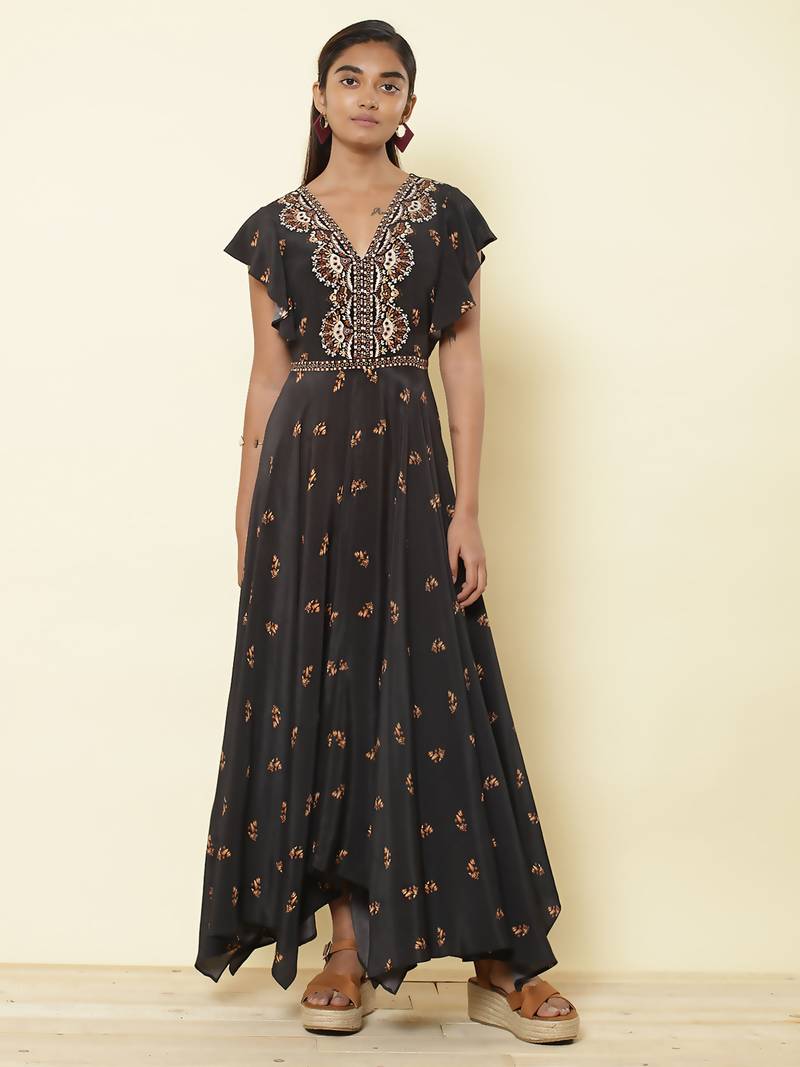 V Neckruffled Sleeves Printed Long Dress