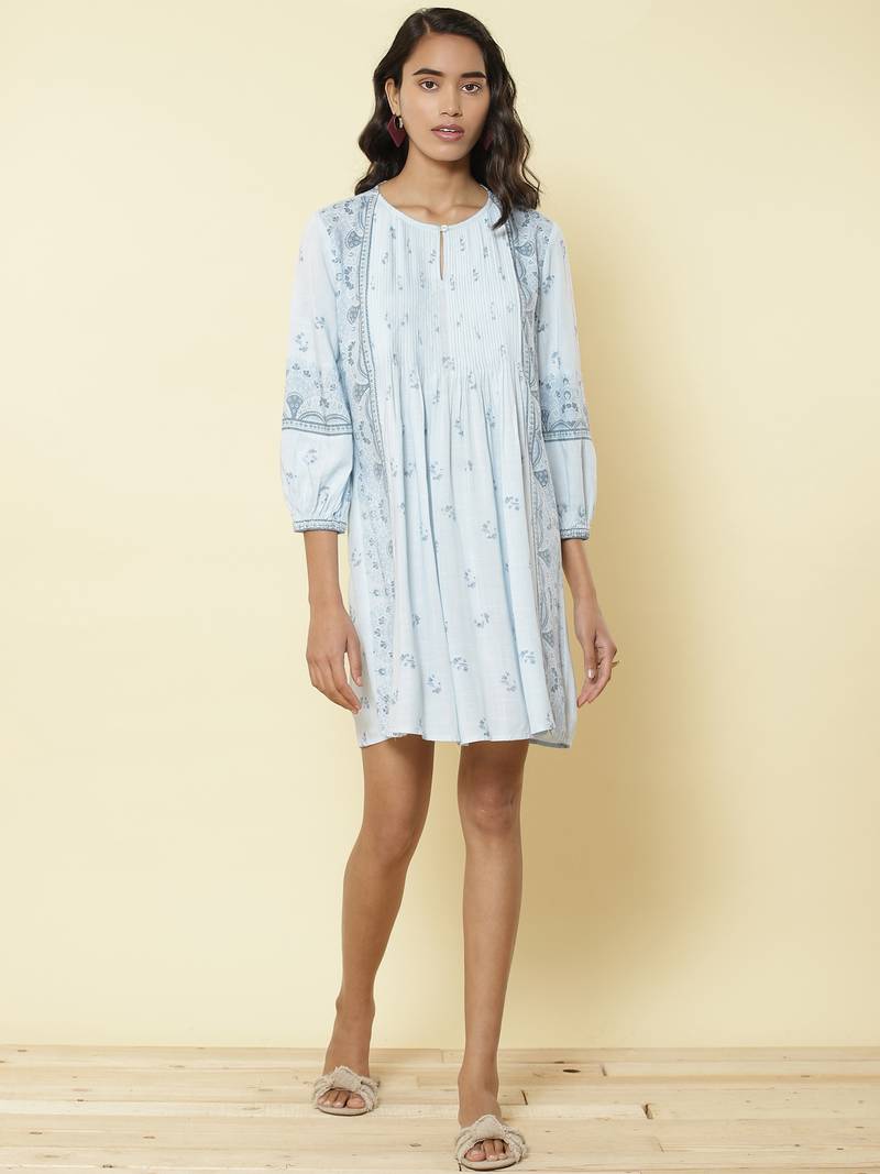 Round Neck 3/4Th Sleeves Printed Short Dress