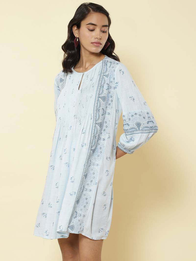 Round Neck 3/4Th Sleeves Printed Short Dress