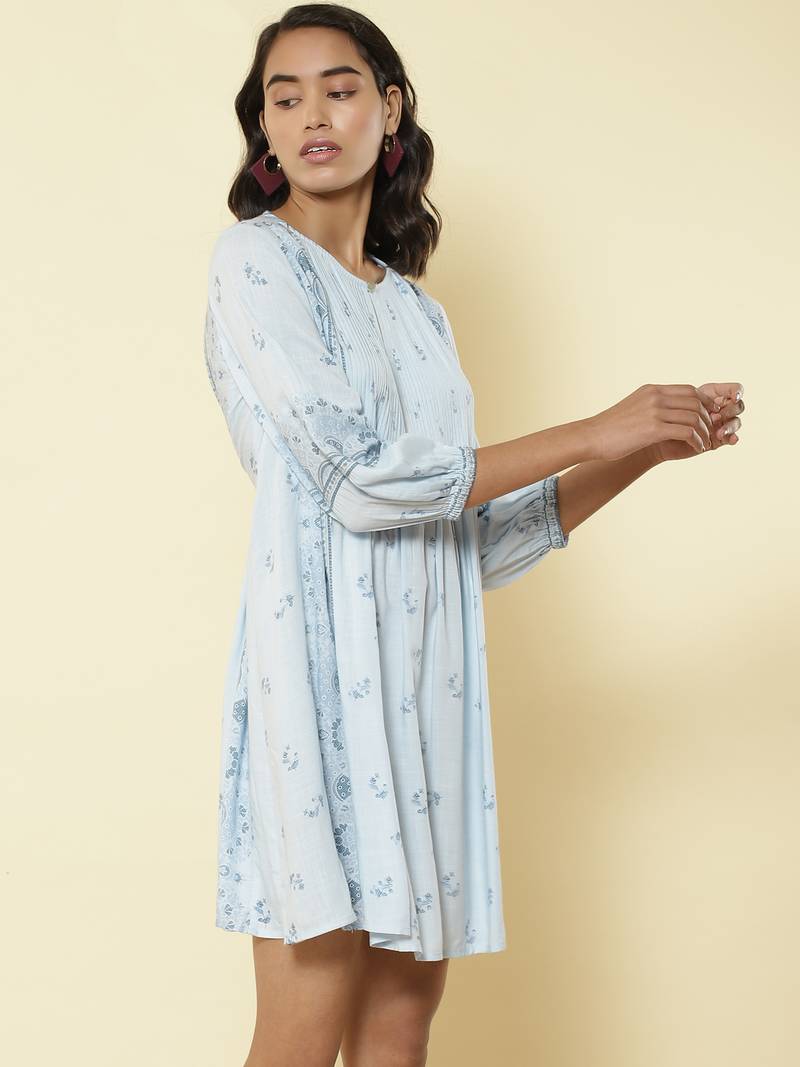 Round Neck 3/4Th Sleeves Printed Short Dress