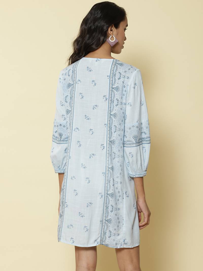 Round Neck 3/4Th Sleeves Printed Short Dress