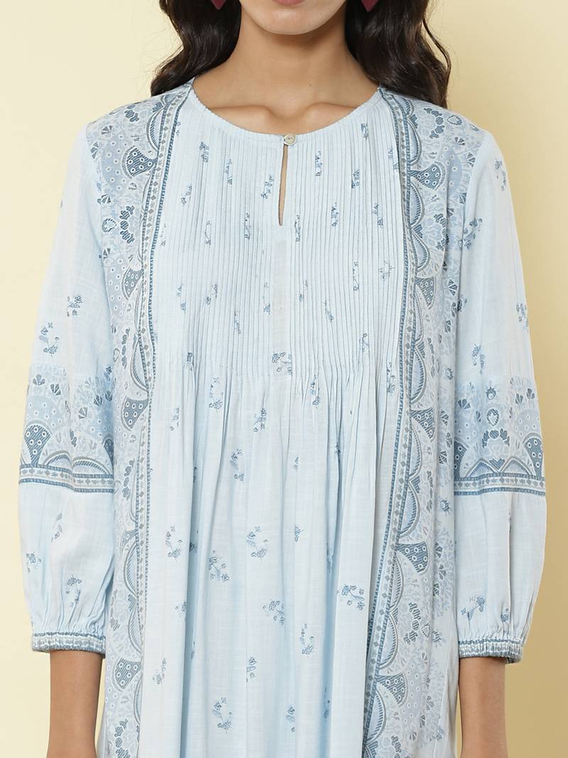 Round Neck 3/4Th Sleeves Printed Short Dress