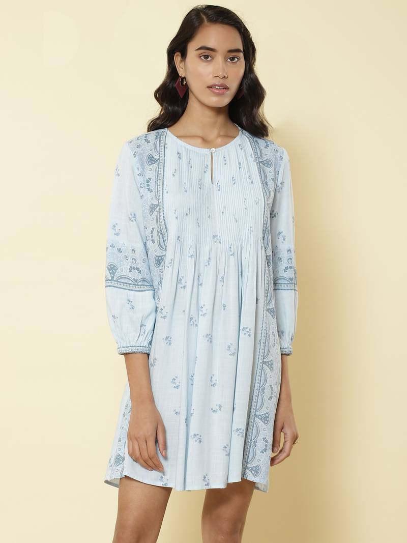 Round Neck 3/4Th Sleeves Printed Short Dress