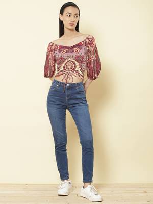 Sweetheart Neck Half Sleeves Printed Short Top 1