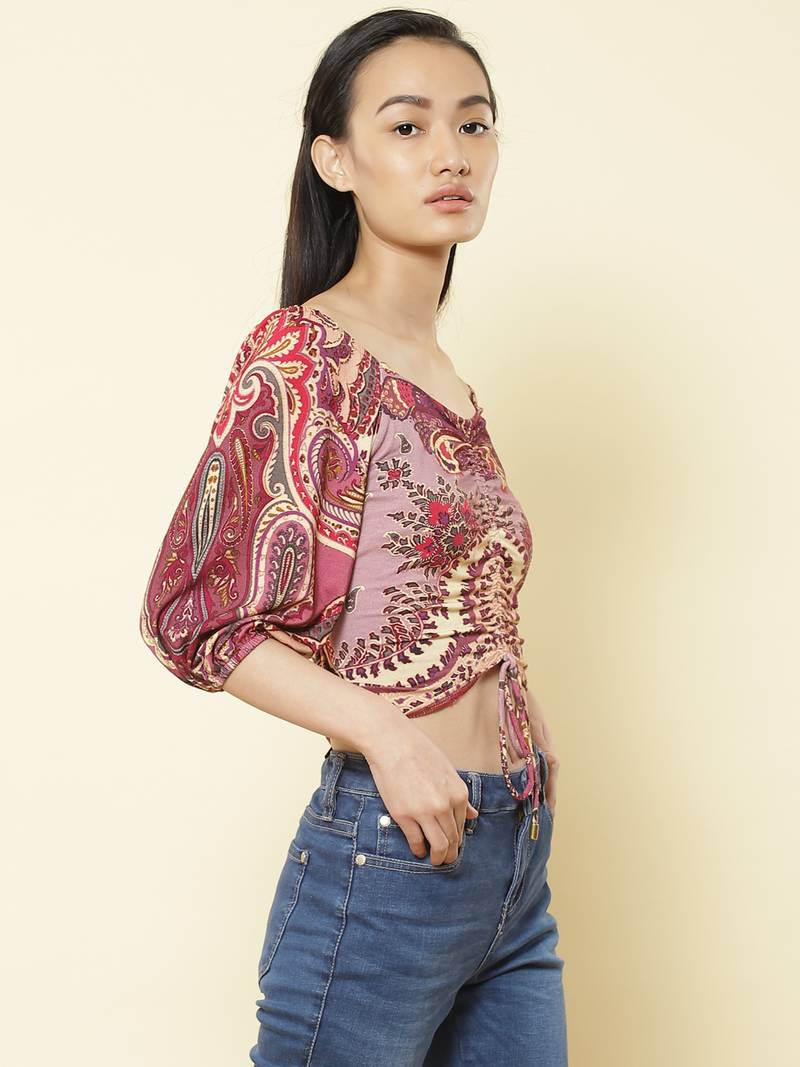 Sweetheart Neck Half Sleeves Printed Short Top