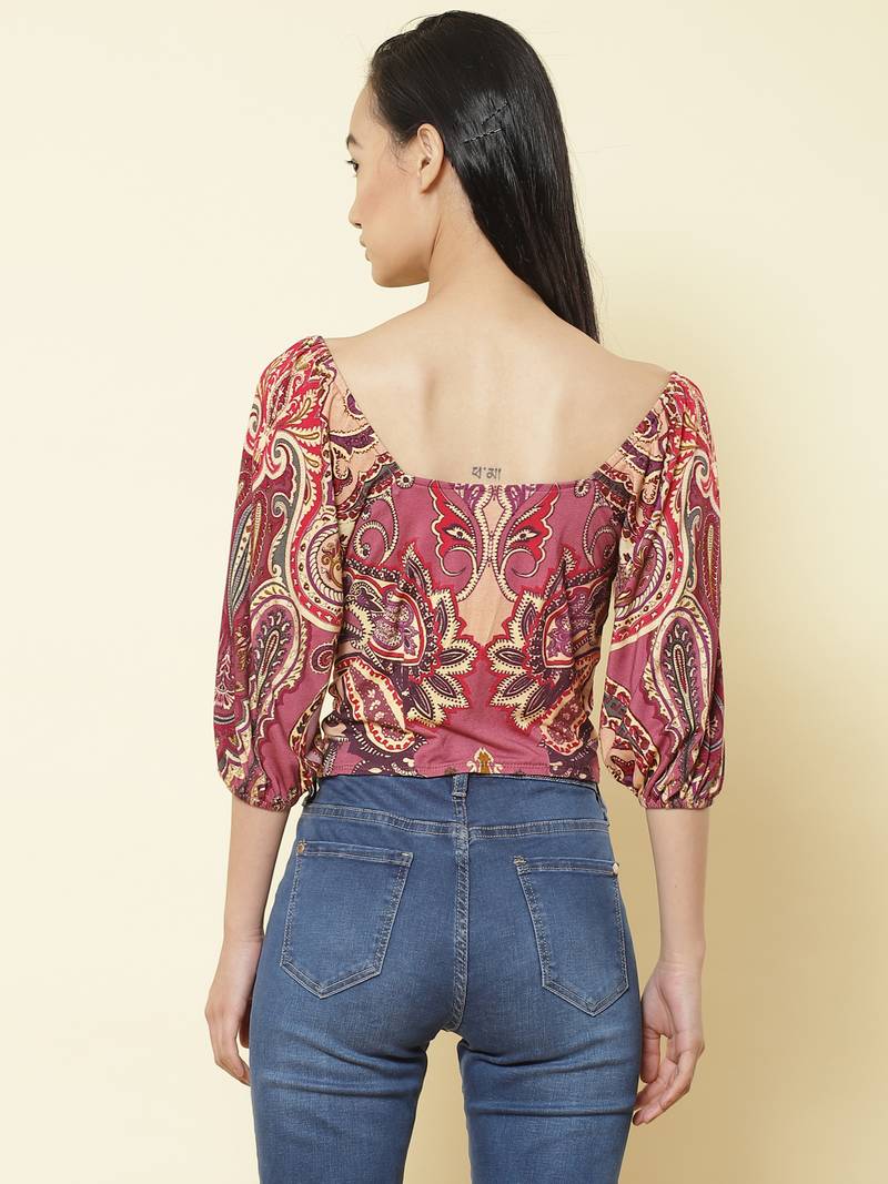 Sweetheart Neck Half Sleeves Printed Short Top