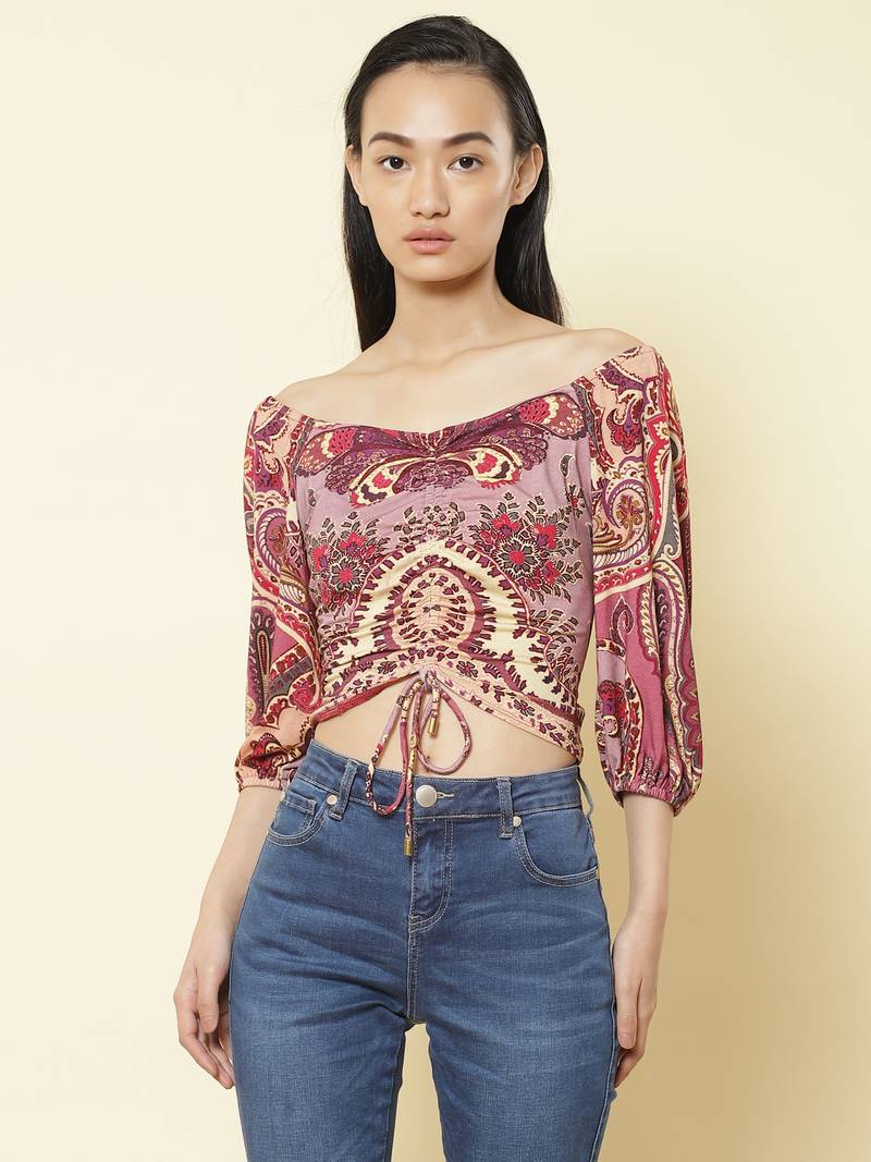 Sweetheart Neck Half Sleeves Printed Short Top