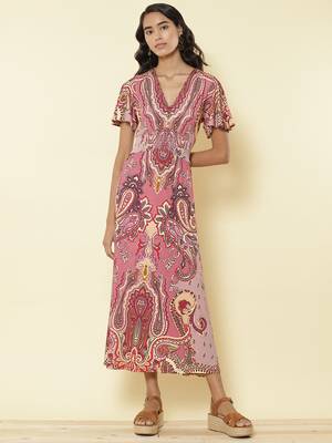 V Neck Half Sleeves Printed Long Dress by LABEL 1