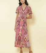 V Neck Half Sleeves Printed Long Dress by LABEL
