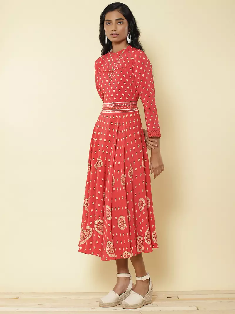Band Collar 3/4Th Sleeves Printed Long Dress
