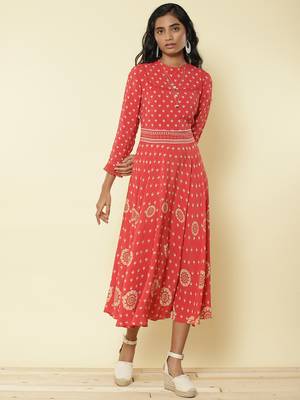 Band Collar 3/4Th Sleeves Printed Long Dress 2