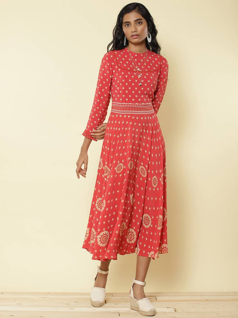 Band Collar 3/4Th Sleeves Printed Long Dress