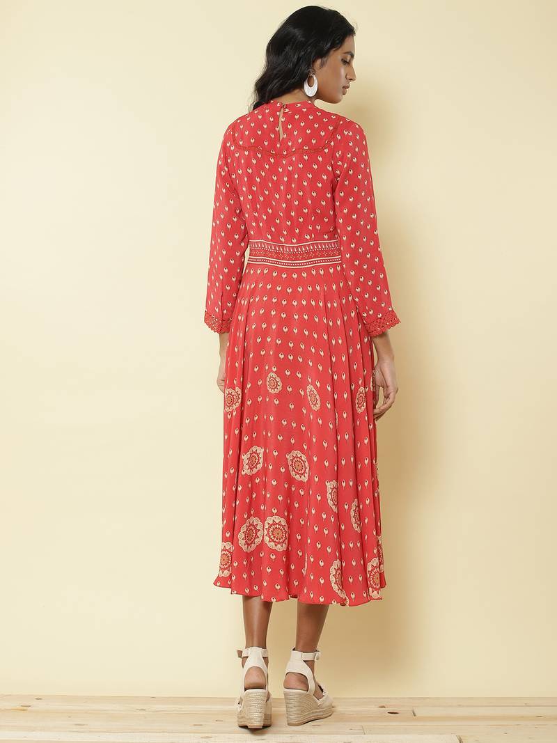 Band Collar 3/4Th Sleeves Printed Long Dress
